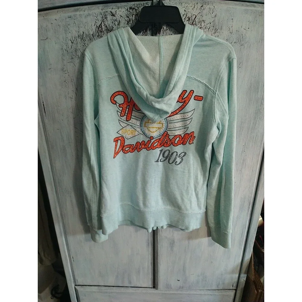 Harley-Davidson Rhinestone Hooded Jacket Blue Medium Motorcycle Y2K - Picture 9 of 15